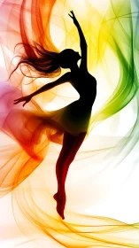 Silhouette dancer framed by multicolored flowing light forms.