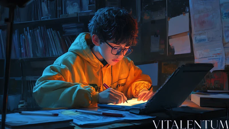 Digital painting of focused student working by laptop.