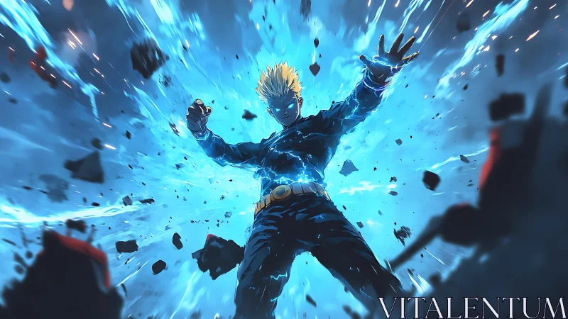 Electric-powered anime figure amid blue energy burst.