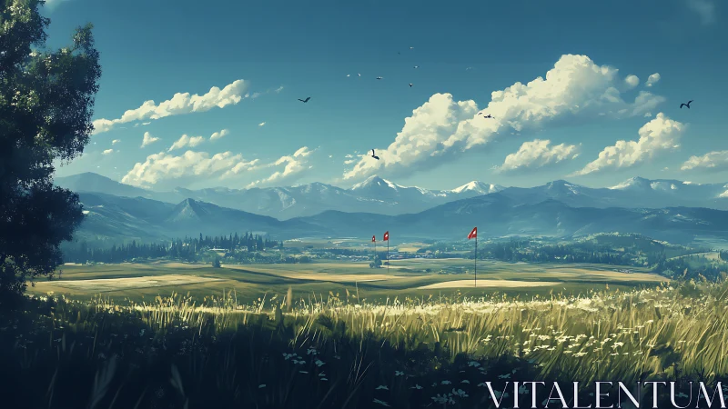 Digital landscape golf course under alpine mountain panorama.