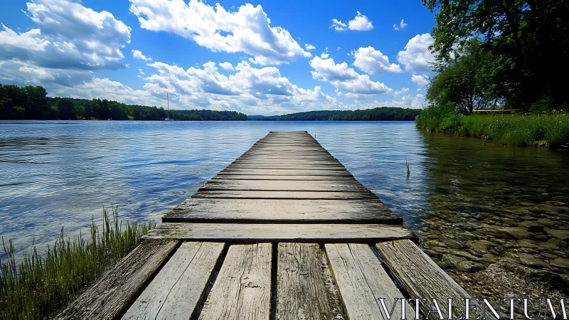 Sunlit wooden pier stretching into a glassy blue lakescape.