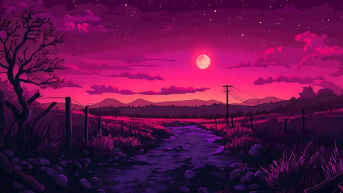 Moonlit country path glowing in dreamy neon dusk colors.