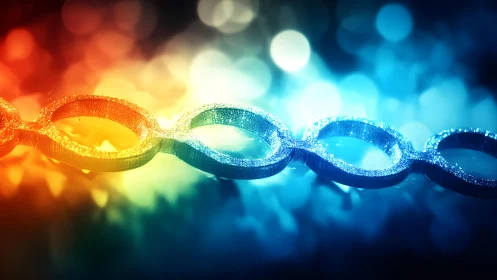 Glittery chain links in rainbow bokeh light, abstract macro art.