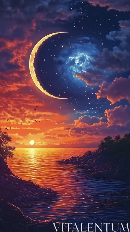 Dreamy sunset cove where moonlit night meets glowing sea.