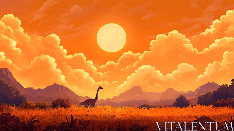 Gentle dinosaur wandering through a glowing sunset valley.