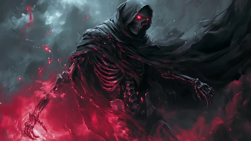 Hooded skeletal wraith advances through red spectral flames