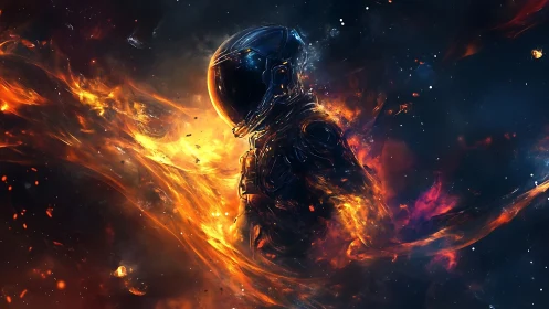 Astronaut engulfed in cosmic firestorm amid deep space.