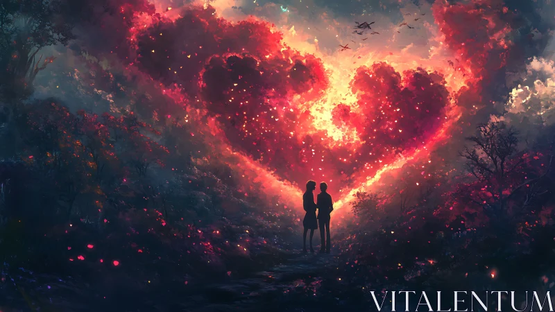 Two figures silhouetted against massive incandescent heart-shaped explosion