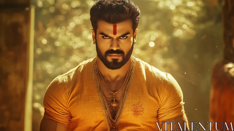 Intense Indian warrior portrait in saffron attire, golden bokeh light.