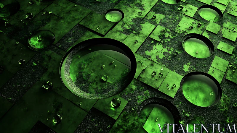 Neon green geometric grid with recessed liquid circles.
