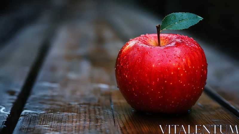 Fresh red apple with leaf on wet wooden outdoor table.