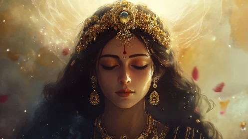 Divine-inspired digital portrait of serene jeweled goddess
