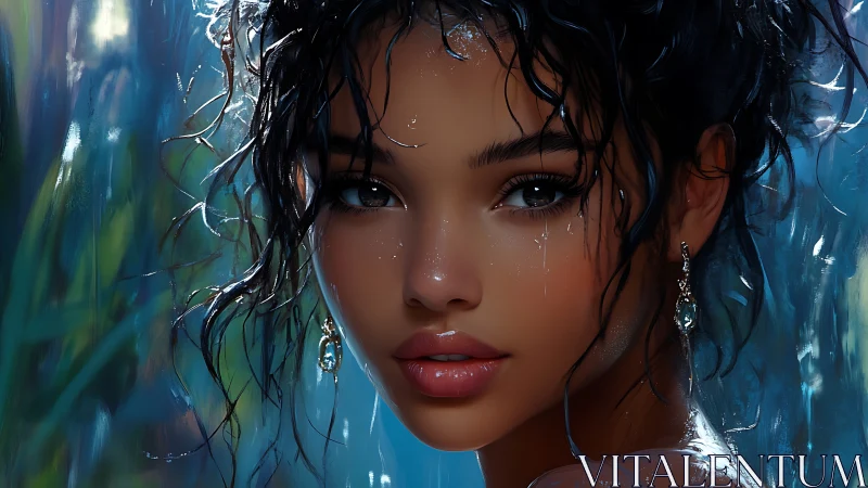Wet-haired portrait renders luminous skin with hyperreal detail