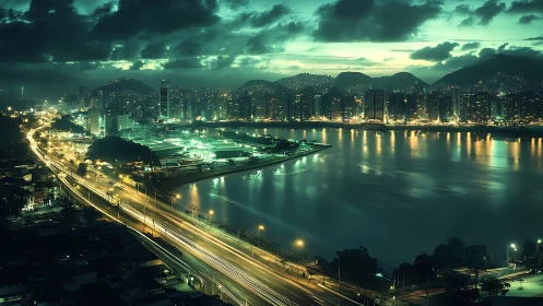 Neon-lit coastal city skyline with sweeping night traffic lines.