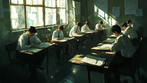 Sunlit exam hall with students immersed in concentrated study.
