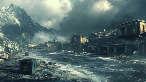 Storm-washed industrial coast under brooding mountain skies.