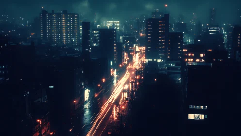 Neon-streaked city avenue cuts through a rainy midnight skyline