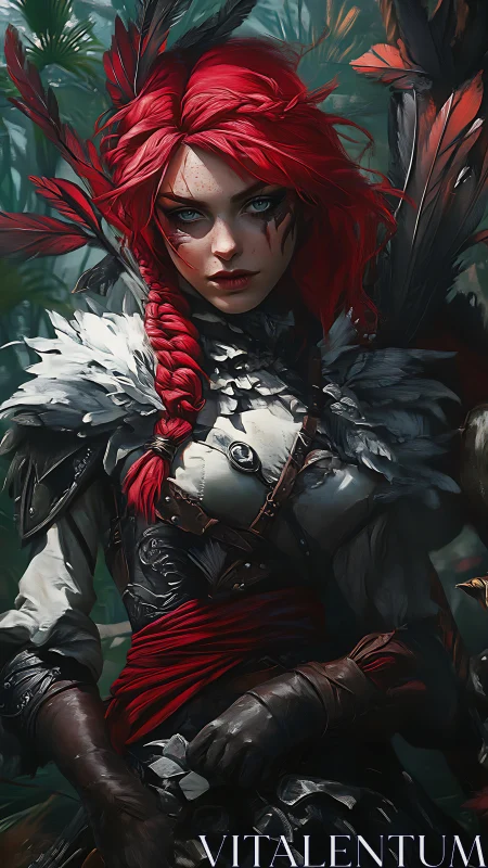 Fierce red‑haired forest warrior wrapped in feathers and myth.