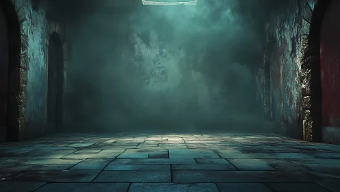 Moody stone corridor with volumetric fog and overhead light