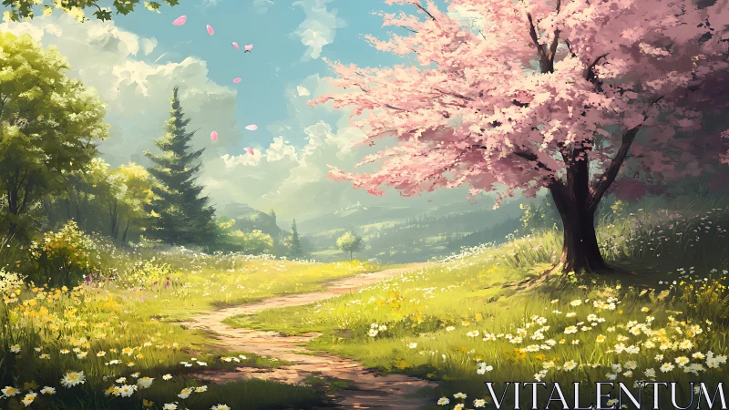 Spring meadow path invites quiet walks beneath pink blossoms