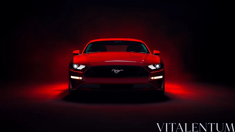 Red sports coupe front view in dark studio lighting.