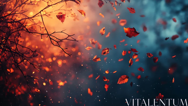 Autumn Leaves Dancing in Golden and Teal Light