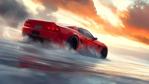 Red sports car powers through surf under blazing sunset sky