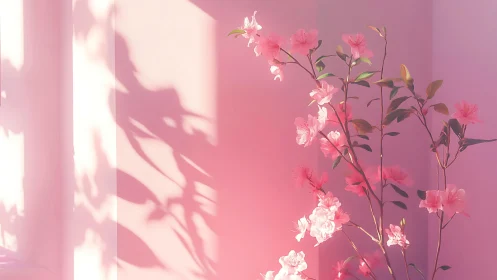 Pink carnations with sunlight shadows on vibrant backdrop.