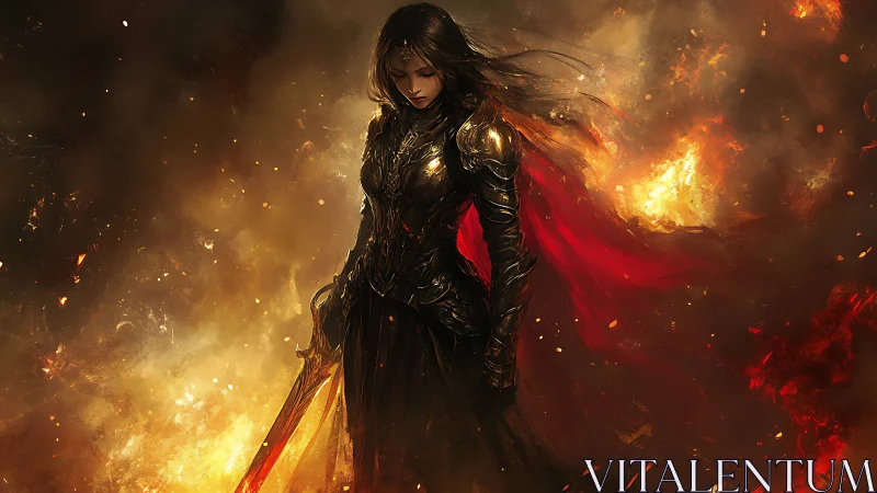 Firelit warrior queen in black armor and crimson cloak.