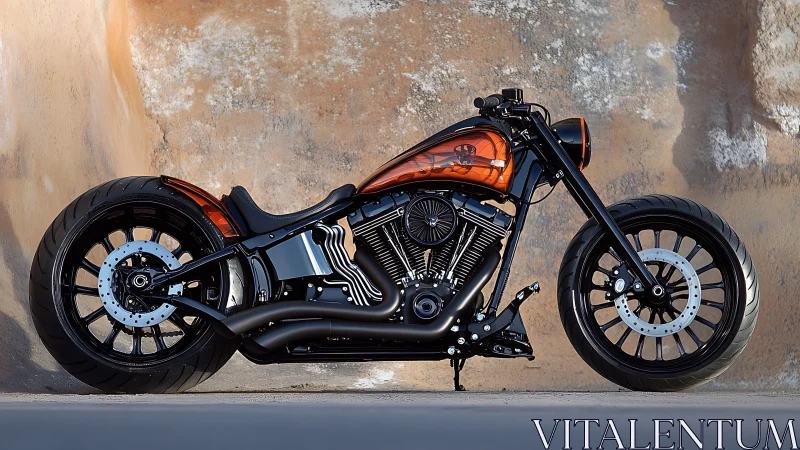 Custom low-slung motorcycle is parked against textured wall