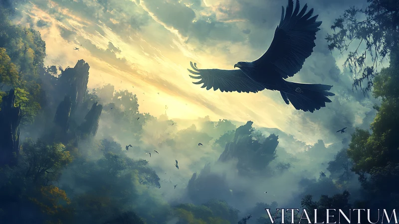 Majestic raptor glides above mist-laden primordial valley