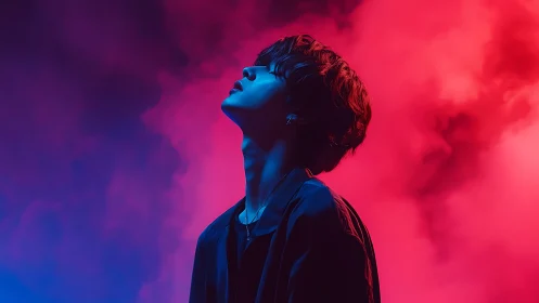 Moody portrait in neon blue and red atmospheric haze.