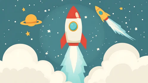 Stylized cartoon rockets ascend through star-filled night sky