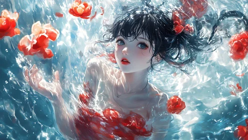 Anime water portrait with luminous floral immersion dynamics.