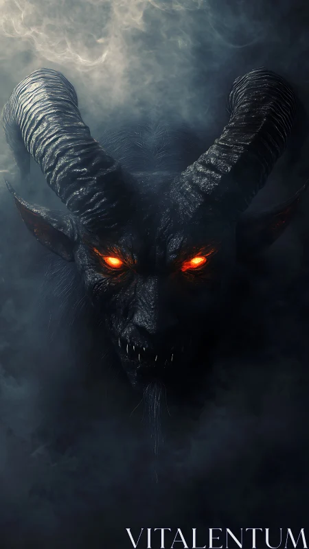 Demonic horned creature emerges from volumetric fog with emissive eyes