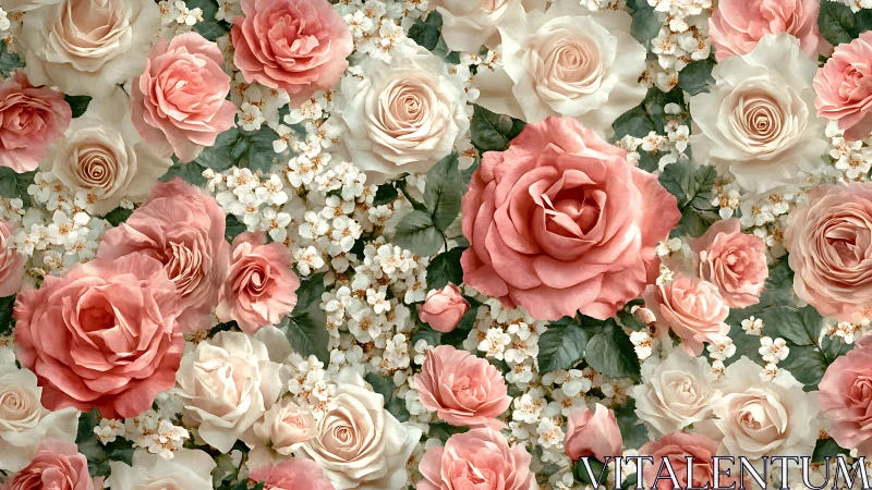 Pink and cream roses with baby's breath flowers arranged densely together.