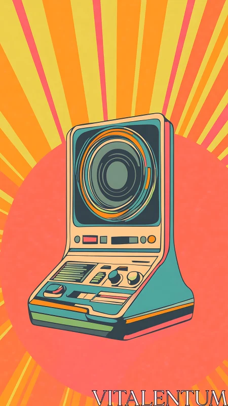 Retro instant camera against radiant starburst background