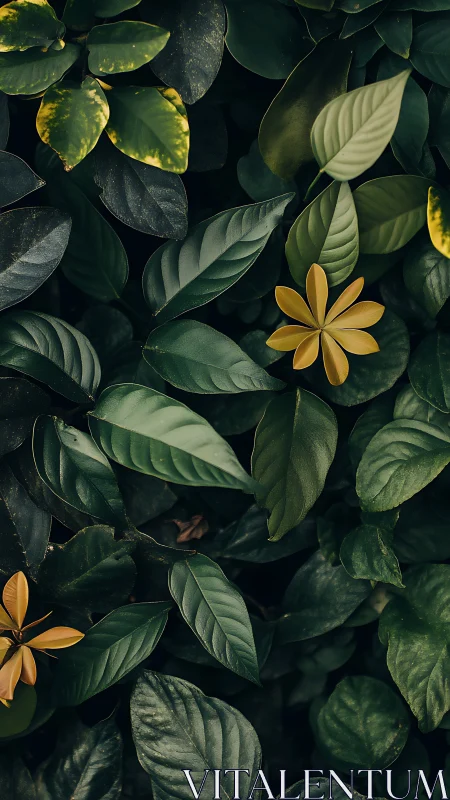 Dense green foliage with isolated yellow flowers in shallow focus