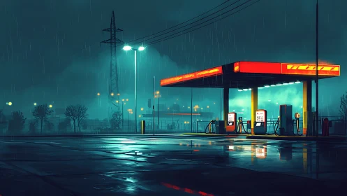 Midnight gas station hums softly through electric rain