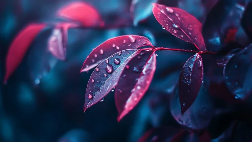 Leaves with water droplets in blue and magenta lighting.