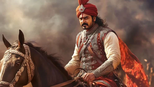 Armored cavalry commander in ornate Mughal-style regalia.