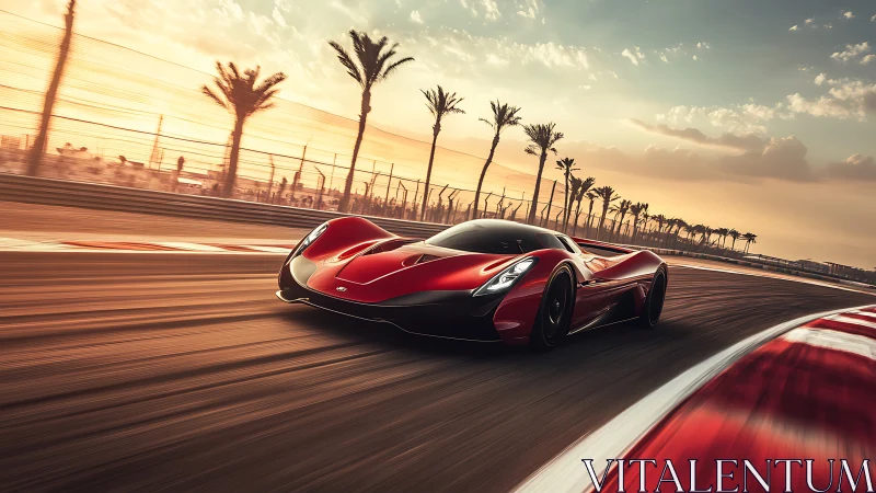 Red concept hypercar on palm-lined circuit at sunset.