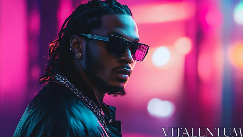 Confident man glows against neon city lights at night