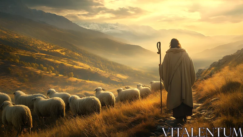 Shepherd with flock walking along sunlit mountain valley.