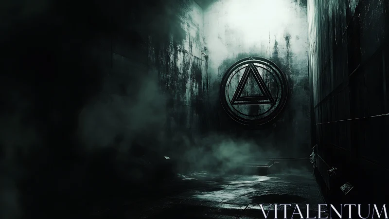 Dark industrial corridor with glowing triangle wall symbol.