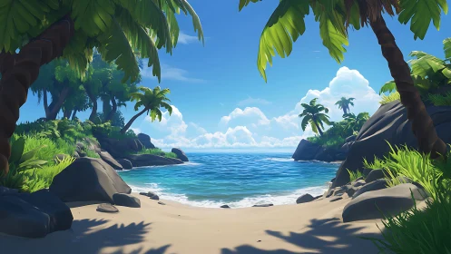 Tropical beach cove framed by dense palm vegetation and rocky outcrops.