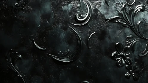 Dark metallic floral relief pattern occupies textured surface