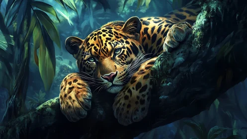 Spotted feline on branch amid dense vegetation with filtered light