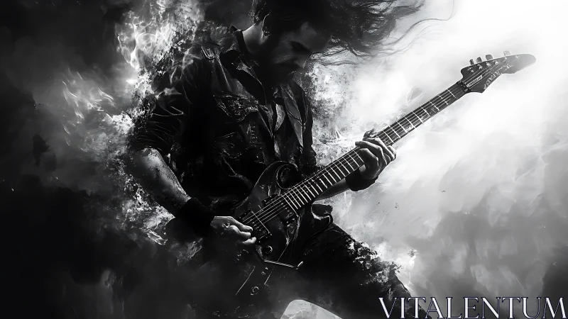 Electric guitarist in explosive monochrome energy storm.