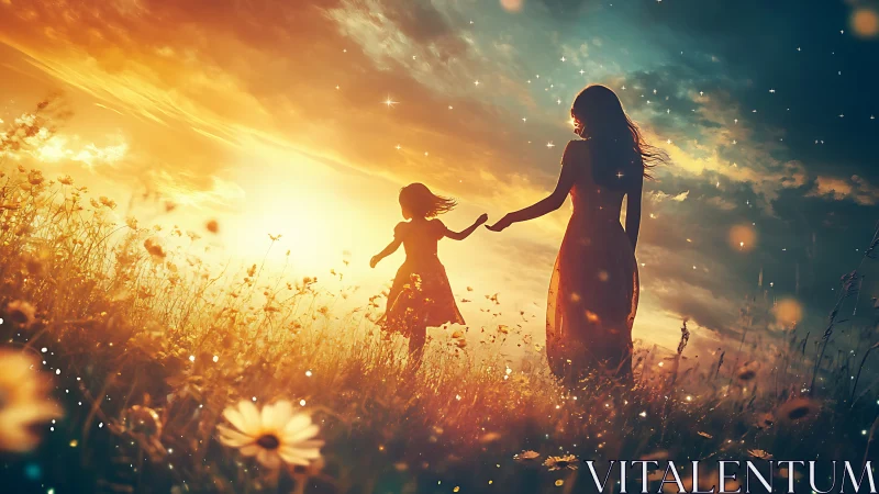Sunlit wildflowers applaud as mother and child chase stardust